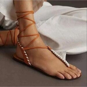 NWOT‎ Anthropologie Braided Lace-Up Thong Gladiator Sandals Boho Leather Size 38